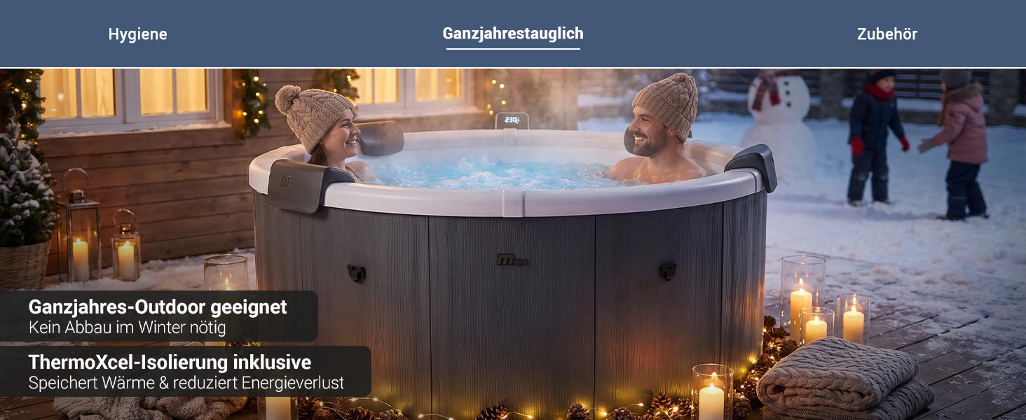 Zwei Personen entspannen im MSpa Frame Denver Whirlpool in einer winterlichen Gartenlandschaft. Dank ThermoXcel-Isolierung bleibt die W&auml;rme zuverl&auml;ssig gespeichert, wodurch der Whirlpool auch im Winter energieeffizient und ohne saisonalen Abbau genutzt werden kann.